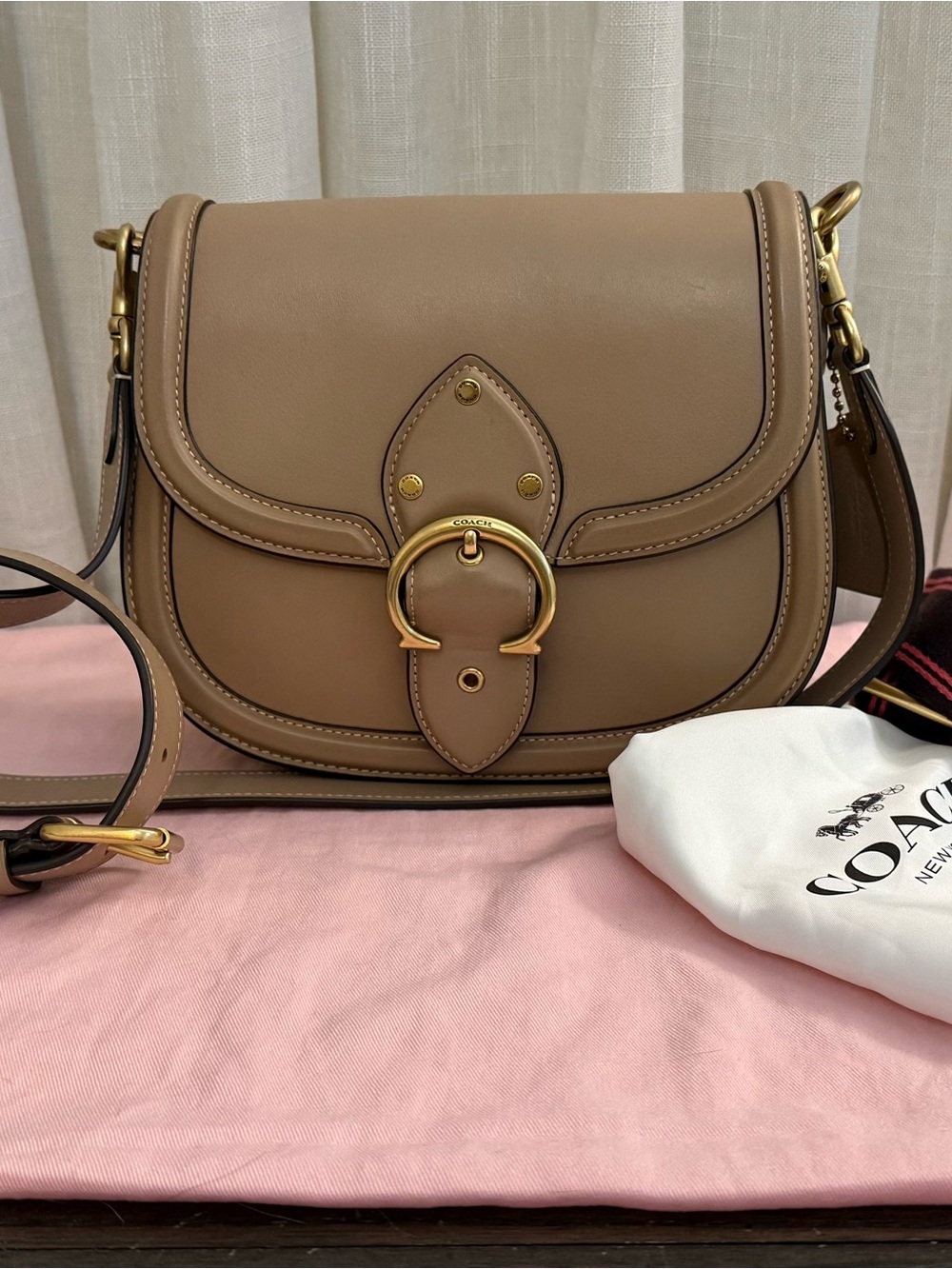 COACH Taupe Leather Saddle Crossbody Bag with Gold Hardware